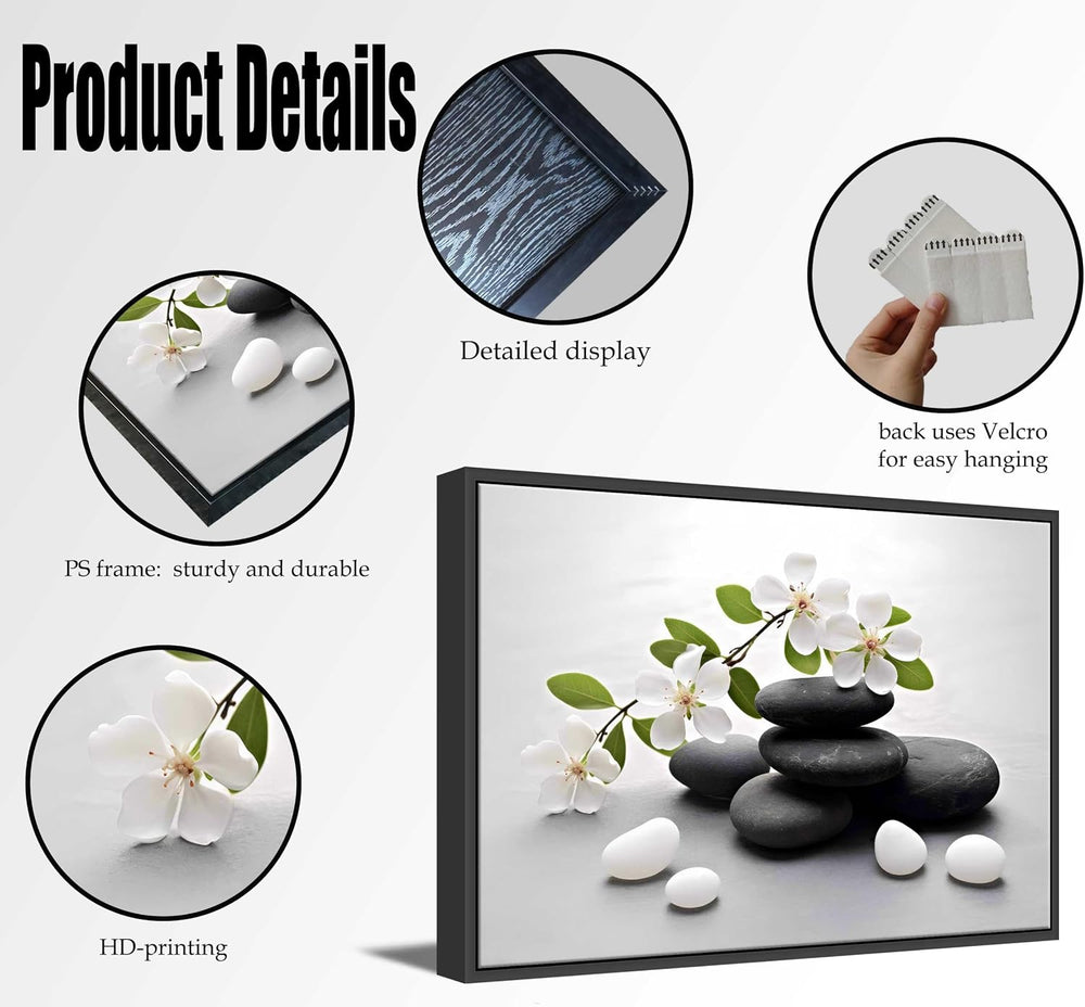 Framed Zen Stone Flower Canvas Wall Art Orchid Flower Black White Zen Stone P...