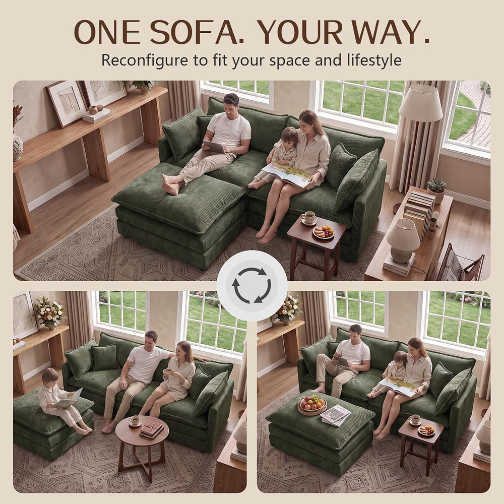 103.8" Chenille Modular Sofa with Ottoman, Cloud Couch with Pillow,Green