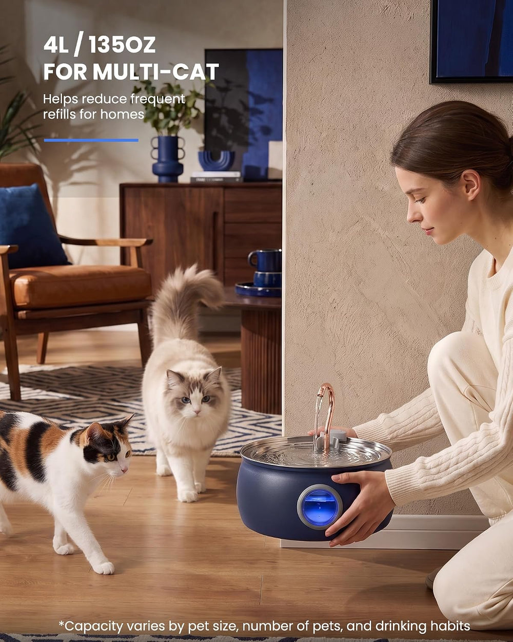Tomxcute Stainless Steel Cat Water Fountain, 4L/135oz Multi-Cat Dispenser