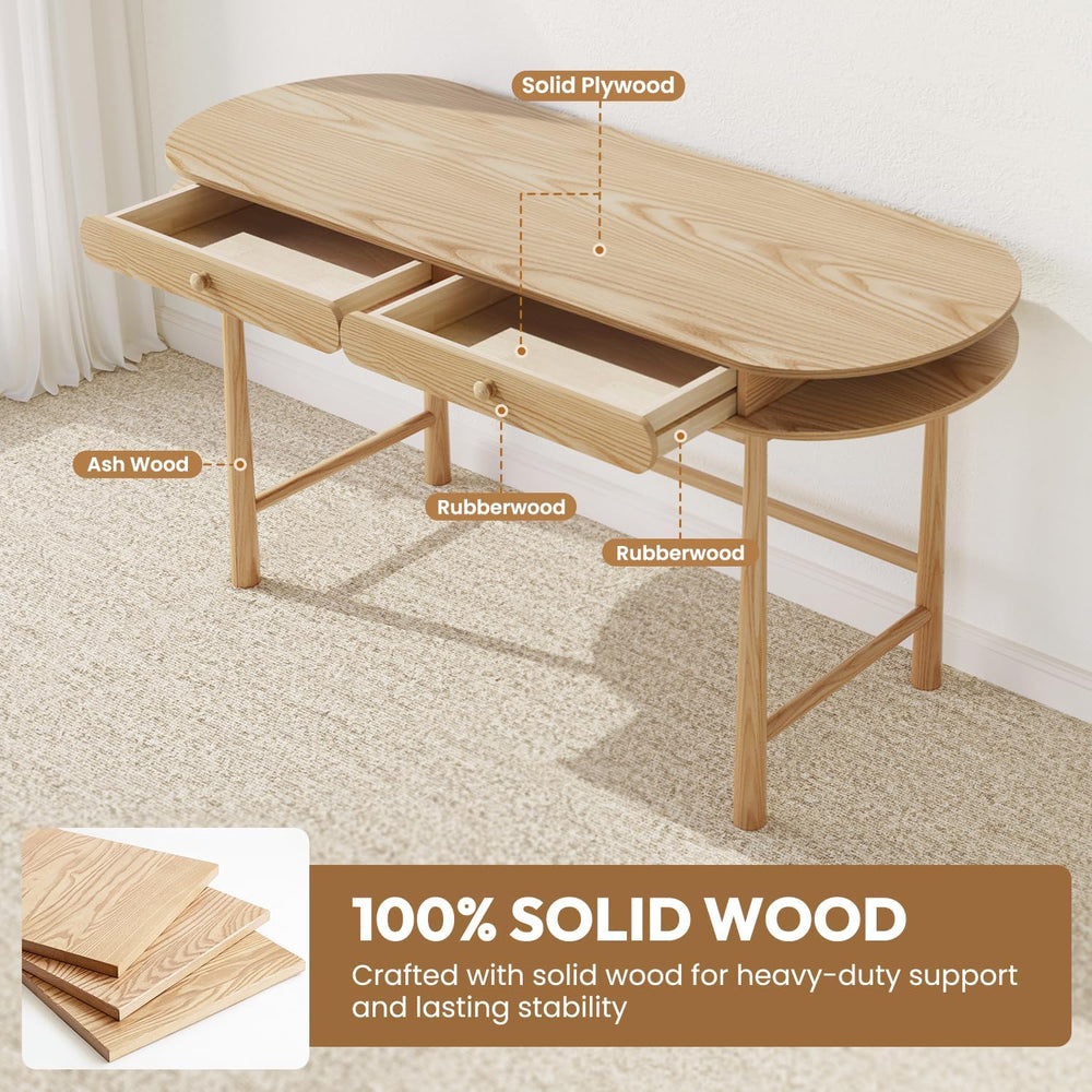 48in Solid Wood Desk - Oval-Shaped Double-Top Dressing Table, Ash