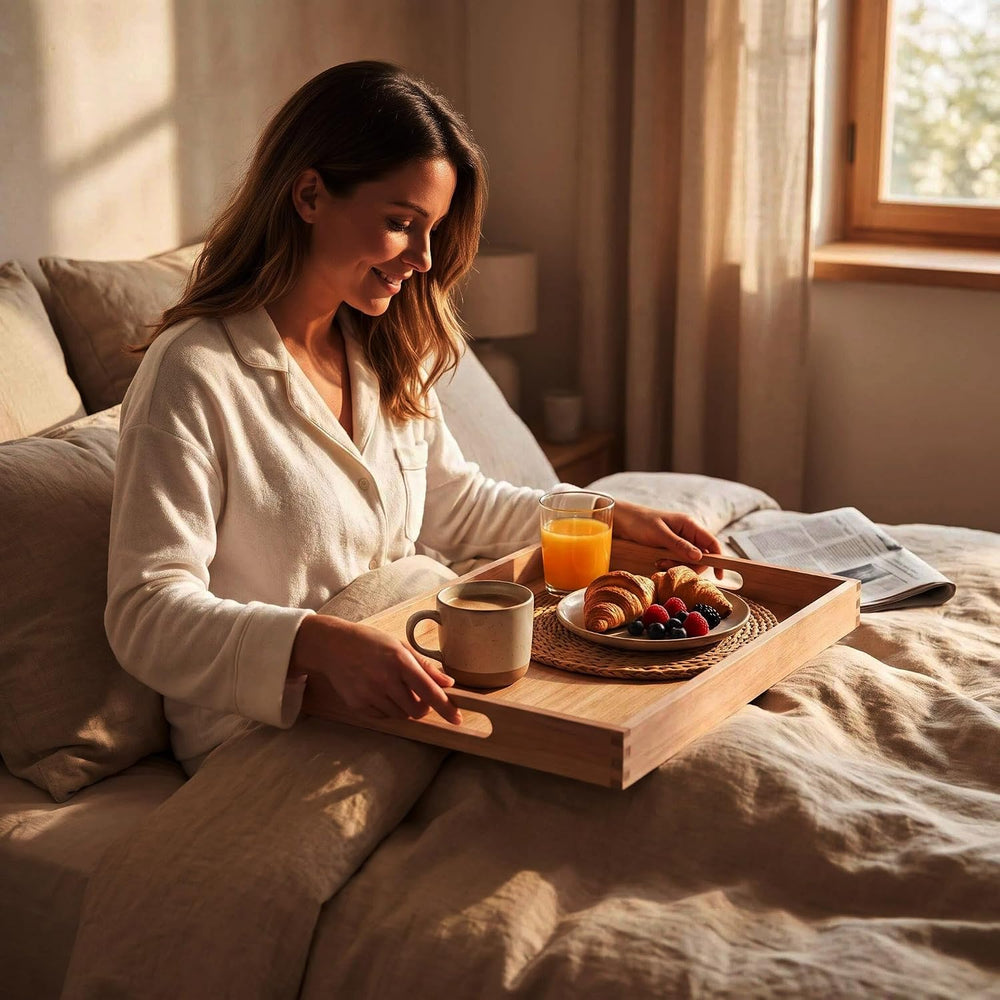 3-piece Set Wooden Serving Tray with Handles (17 Inches) – Decorative Serving...