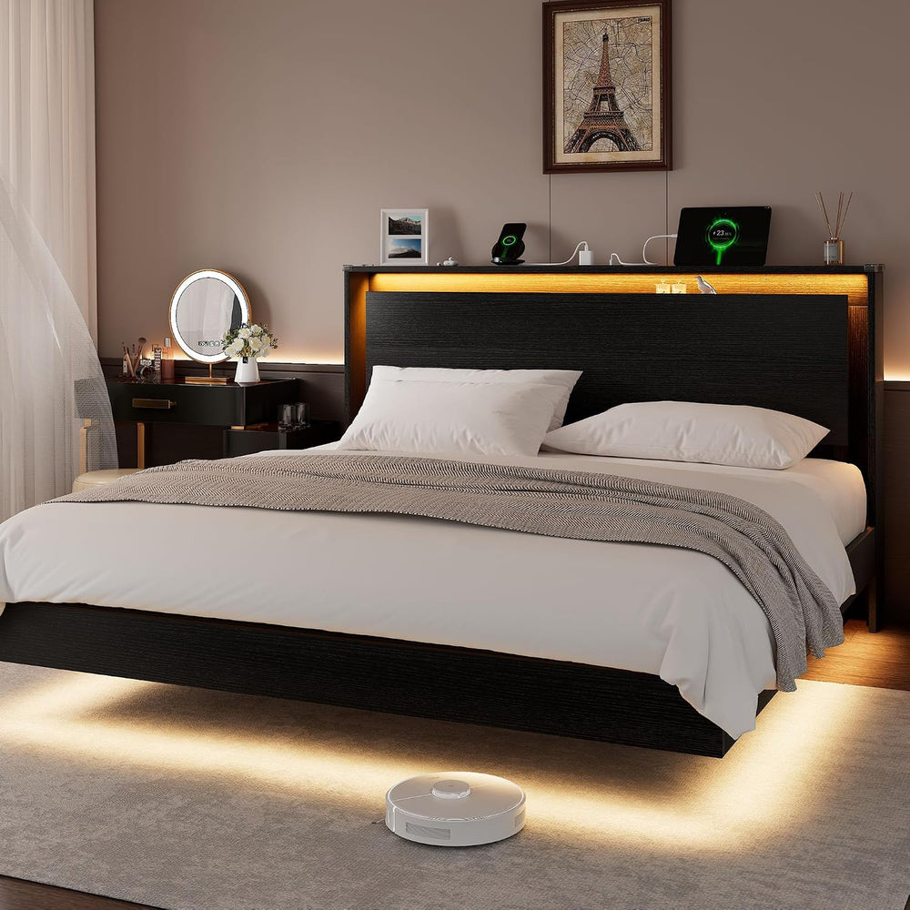 Einhomn King Size Bed Frame with LED Lights & Charging Station – Wood Flo...