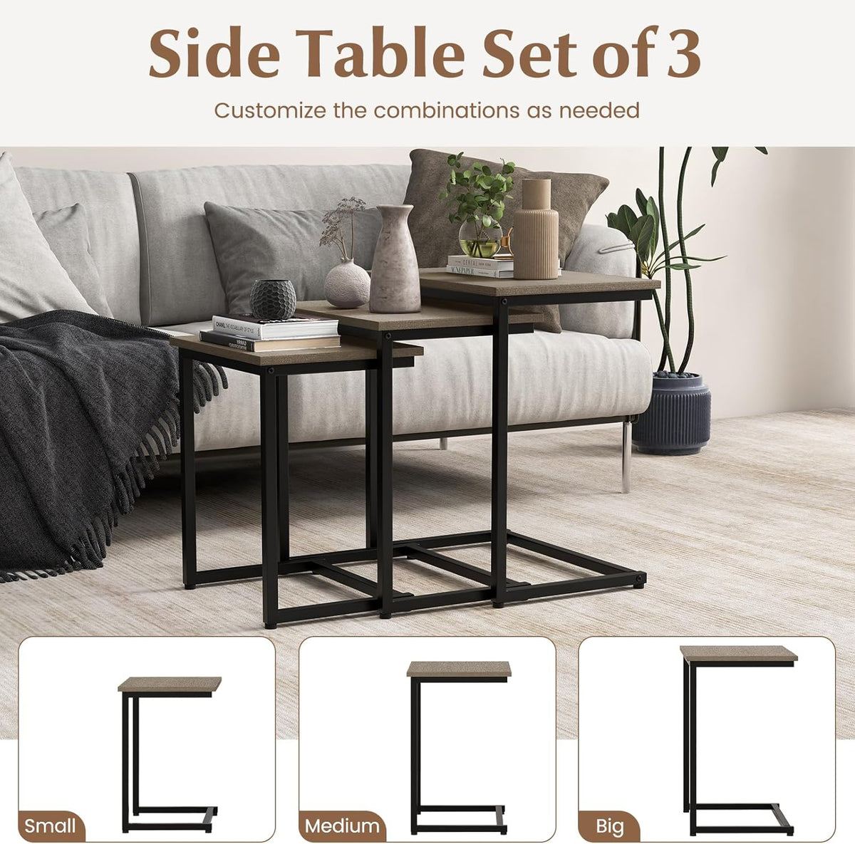 Giantex Nesting Coffee Table Set of 3, Stackable Square End Table w/Wood Grain Tabletop & Heavy-Duty Metal Frame, Farmhouse C-Shaped Accent Table for Small Space, Living Room, Bedroom (Black Oak)