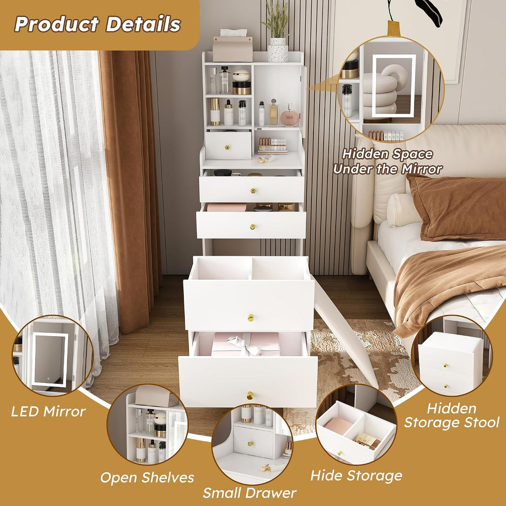 Runboll Compact Dressing Table with Storage Stool & Adjustable Lighted Mirror, 3-in-1 Small Makeup Vanity Desk with 4 Drawers & Open Shelves, for Small Space