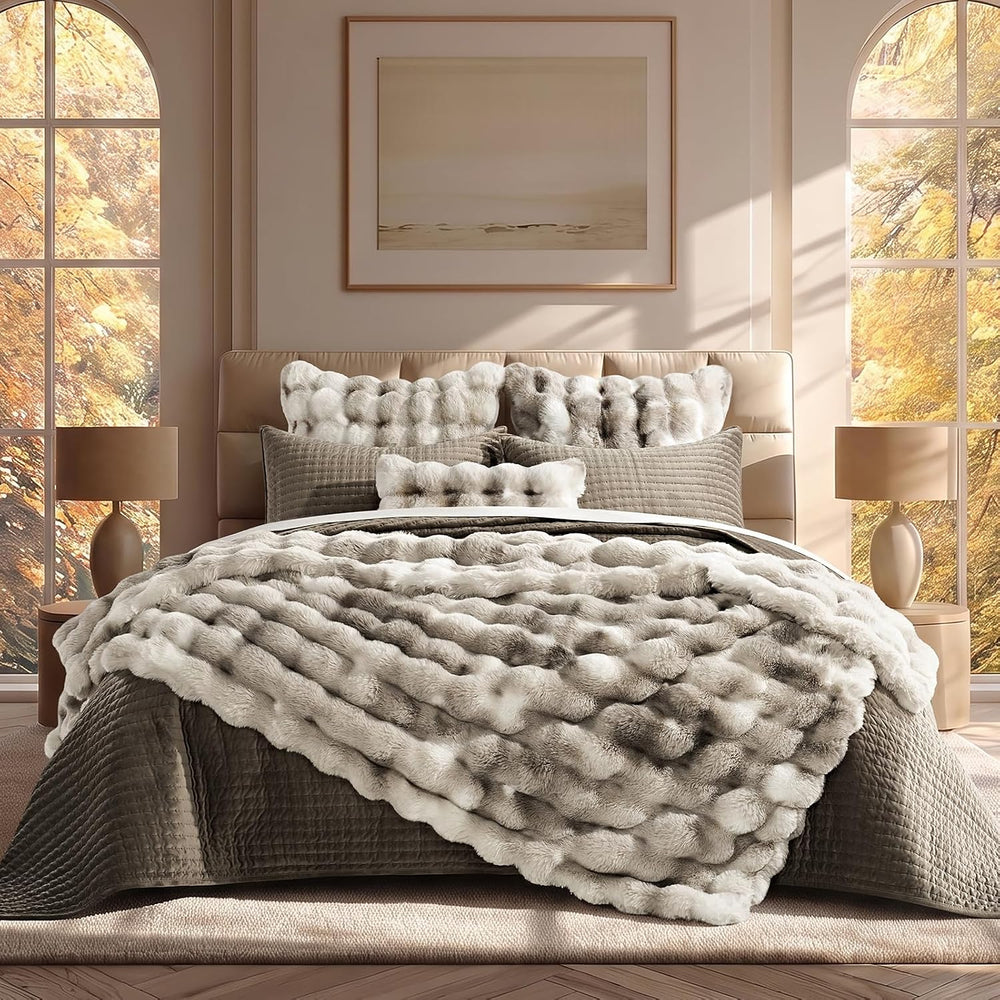 EverGrace Decorative Bubble Faux Fur Throw Pillow Cover, 20x20, Light Gray