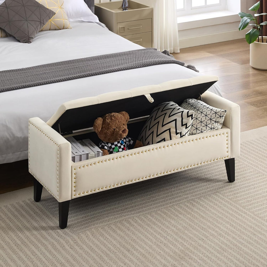WUTUTUEE 47" Velvet Storage Bench, Upholstered Bed Bench with Storage, End of Bed Ottoman with Wooden Legs,Bedside Storage Bench for Bedroom, Living Room, or Entryway, Beige