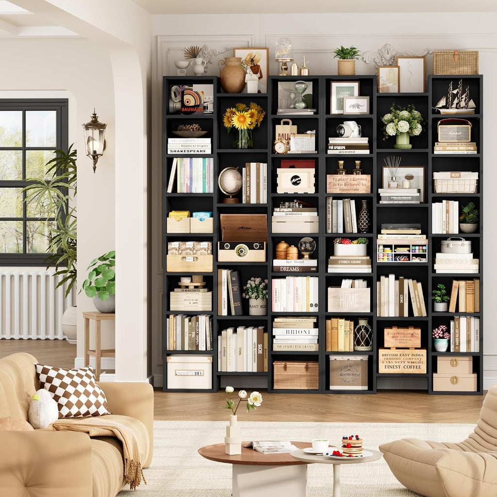 FOTOSOK 71'' H Black Bookshelf with 21 Cubes, Triple Wide Tall Bookshelf
