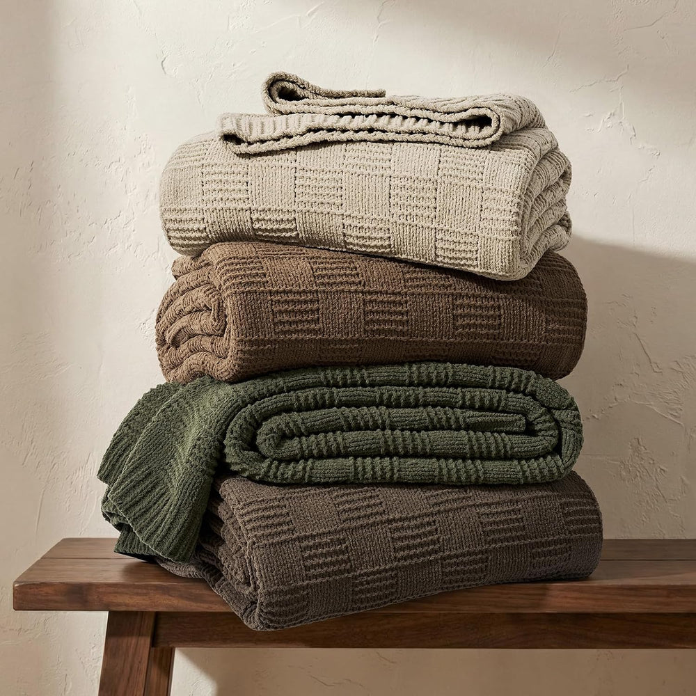 EVERGRACEHOME Modern Checkered Chenille Throw Blanket, 50x60, Olive Green
