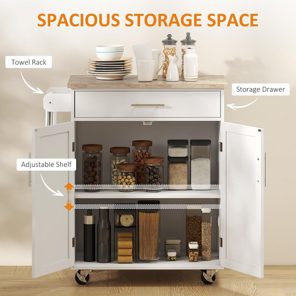 HOMCOM Kitchen Island Cart with Solid Wood Top, Storage Cabinet, White