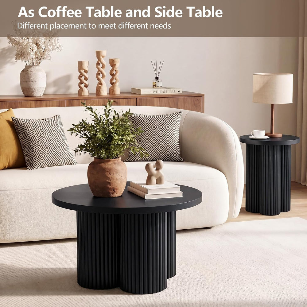 Nesting Coffee Tables Set of 2 Fluted Round Coffee Table(Black)