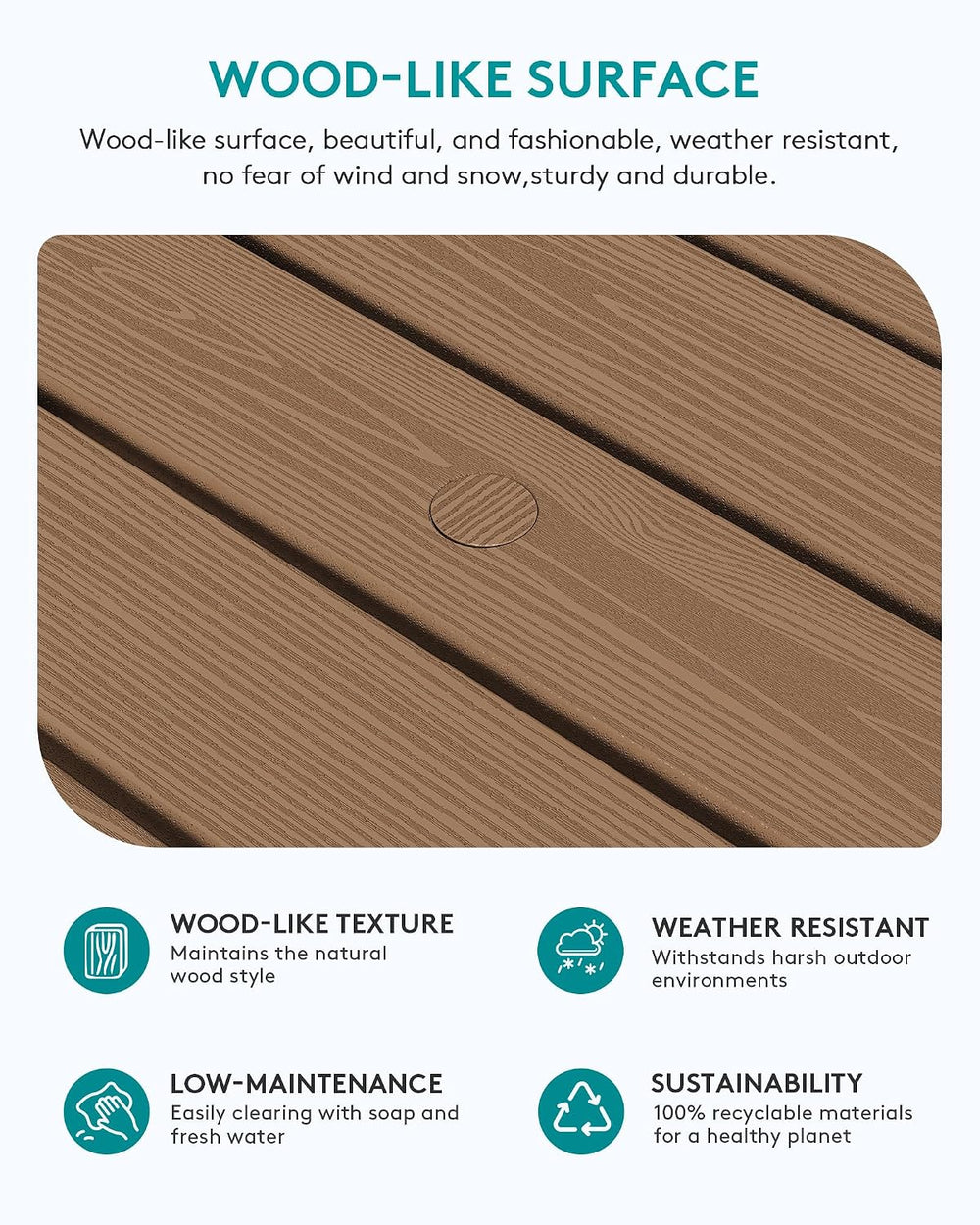 SERWALL HDPE Outdoor Coffee Table with Umbrella Hole, Brown