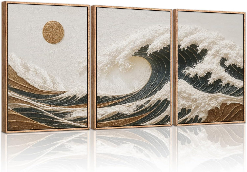 HLNIUC Sea Wave Framed Canvas Wall Art,Abstract Sun Seascape Wall Decor Set o...