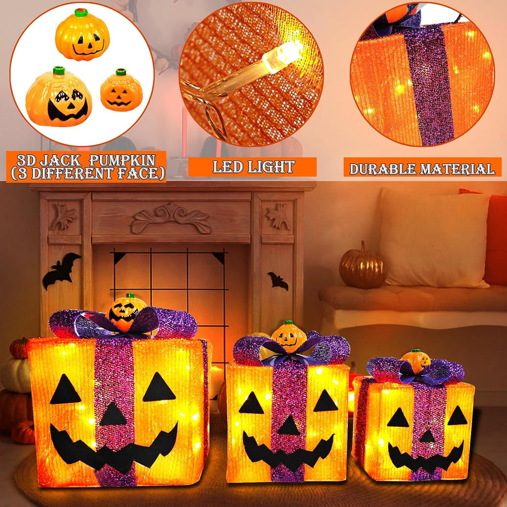 [ 8 Modes & Timer ] 3 Pack Halloween Decorations Lighted Pumpkin Gift Box
