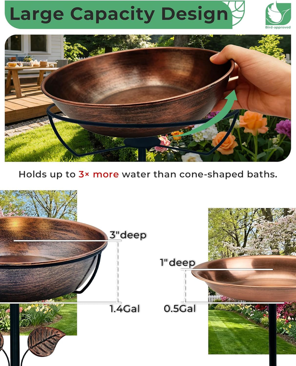 13" Metal Bird Bath for Outside 3" Deep Removable Bowl with Stake