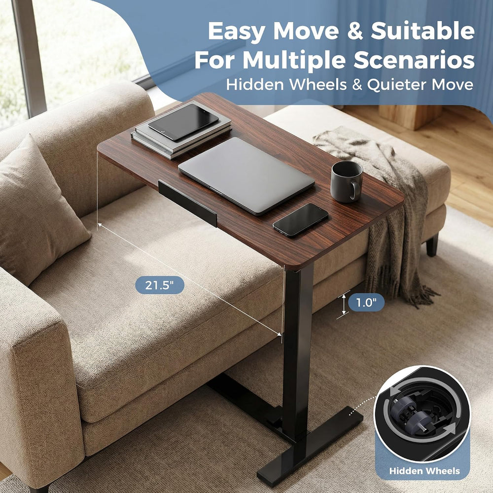 DUMOS Overbed Table with Wheels, Height-Adjustable Bedside Table, Brown