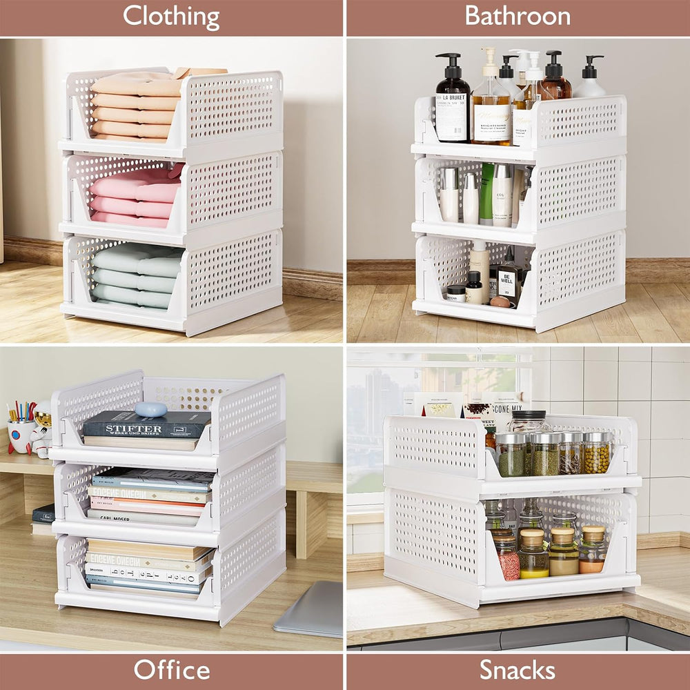 4 Pack Folding Closet Organizers Storage Box, Stackable Storage Bins, Plastic...