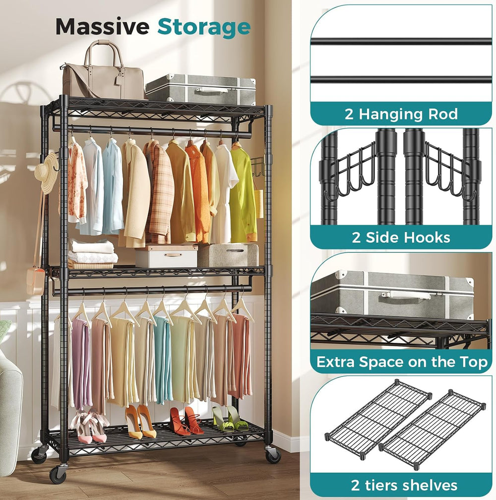 OLIXIS Rolling Clothes Rack, Heavy Duty Garment Rack, 35 IN, Metal Black