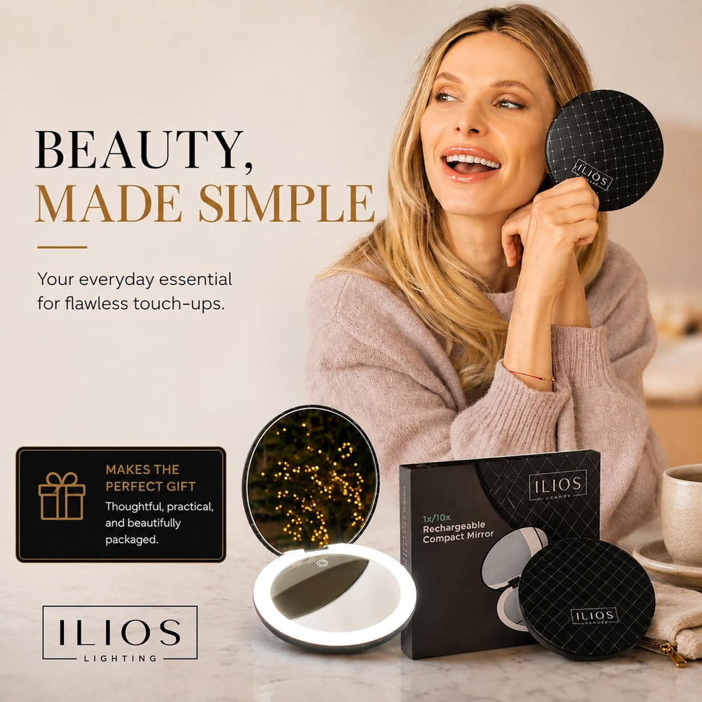 Ilios Lighting LED Compact Mirror with Light — 1x & 10x Magnification, 30...