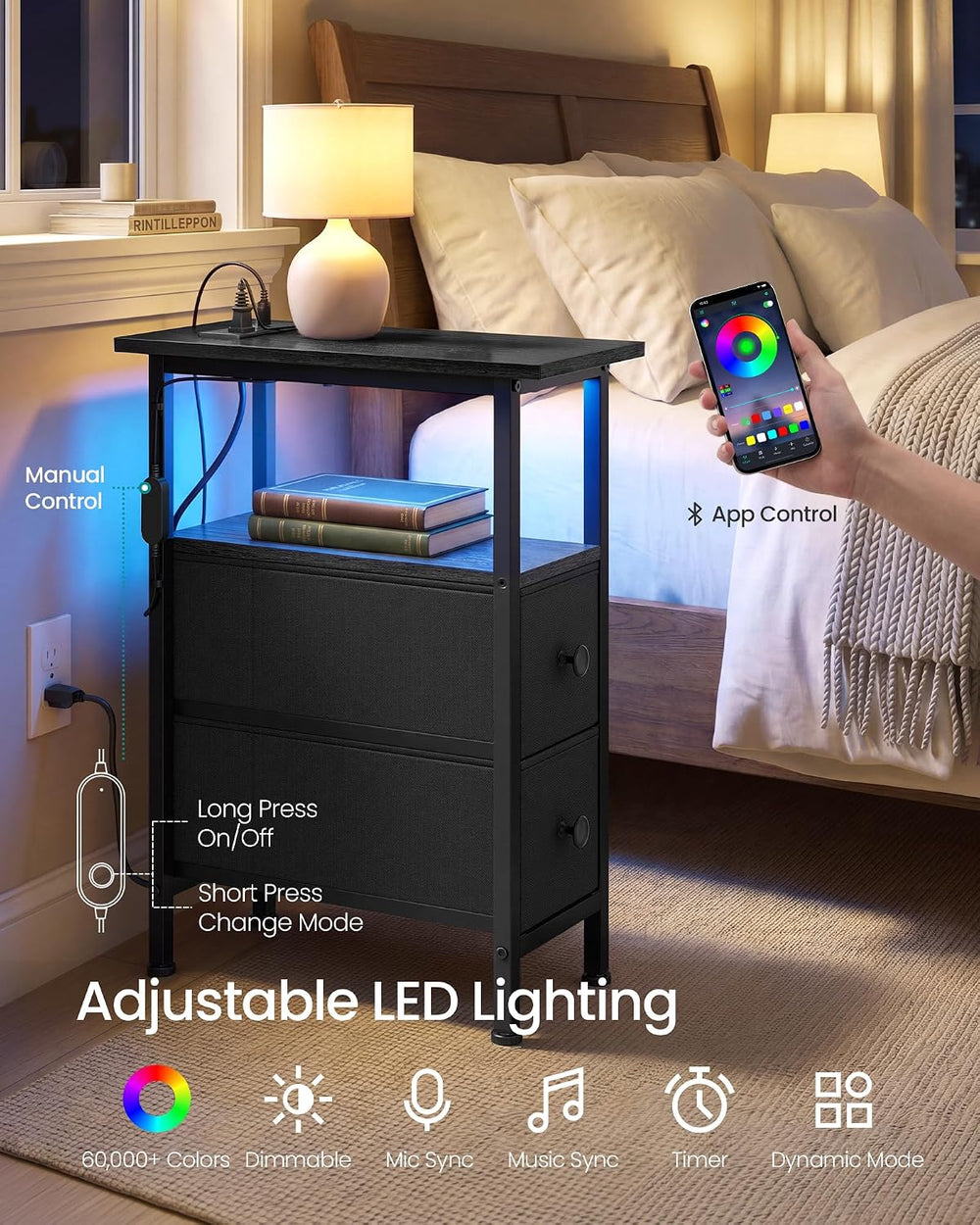SONGMICS Side Table with LED Light, Narrow End Table with 2 Fabric Drawers