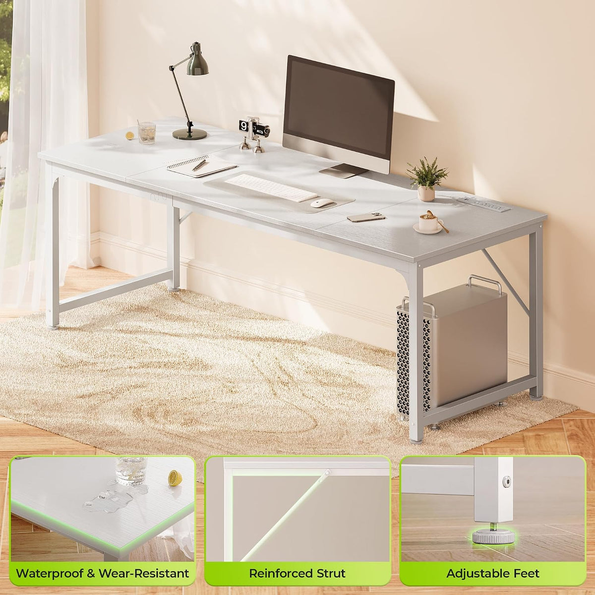 PRAISUN 70 x 24 Inch Computer Desk with Power Outlets & USB-C, White
