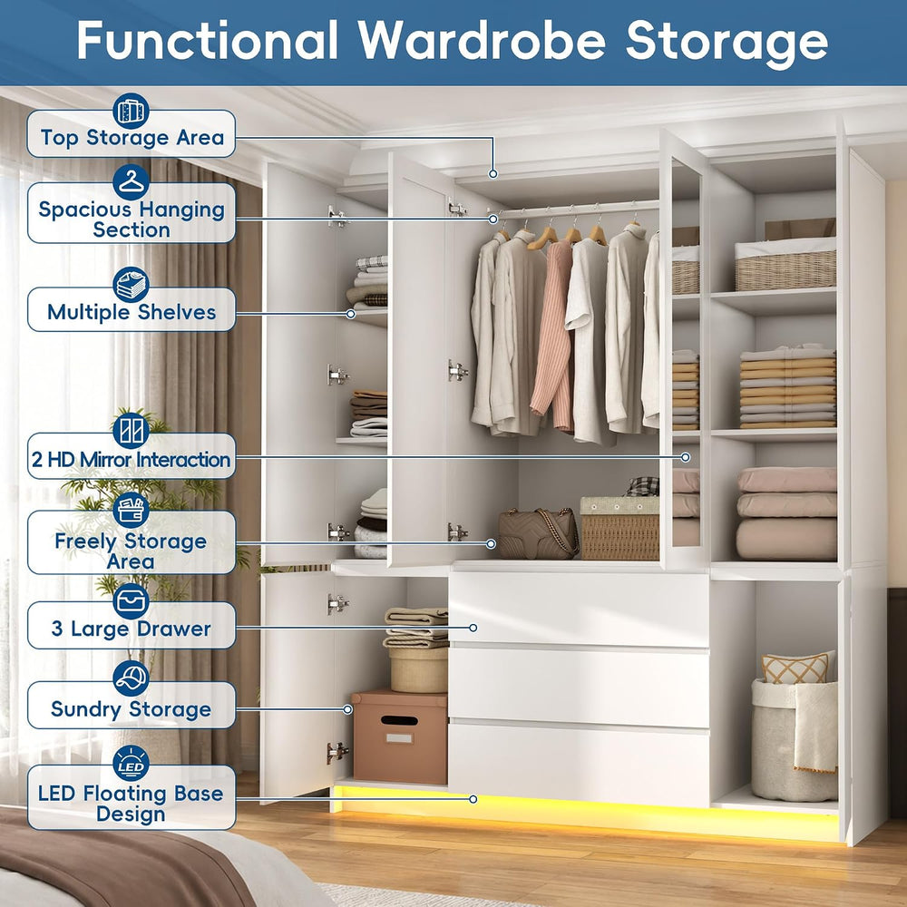 75" Tall Modern Wardrobe Closet with 2 Mirrors,LED Lights, 63"W Arm...