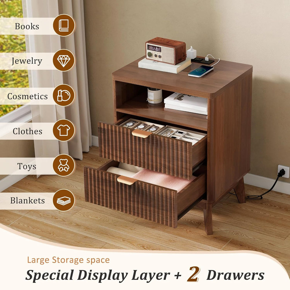 LYNCOHOME Fluted Nightstand with Charging Station, 19.7 inch Wide End Table w...