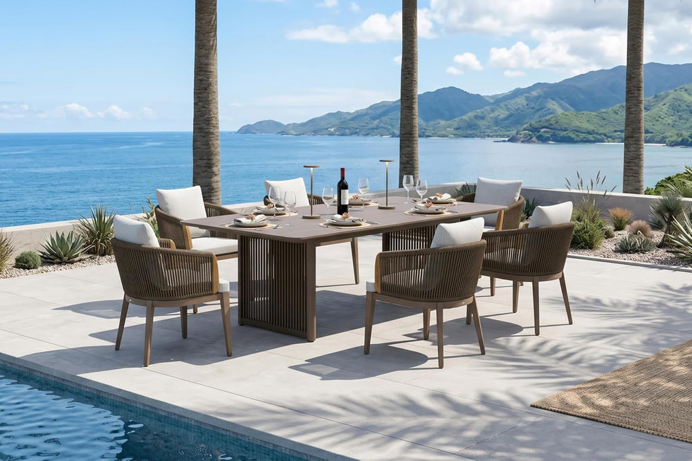 PURPLE LEAF Patio Dining Set for 6 Olefin Rope-Wrapped Backrest Coffee