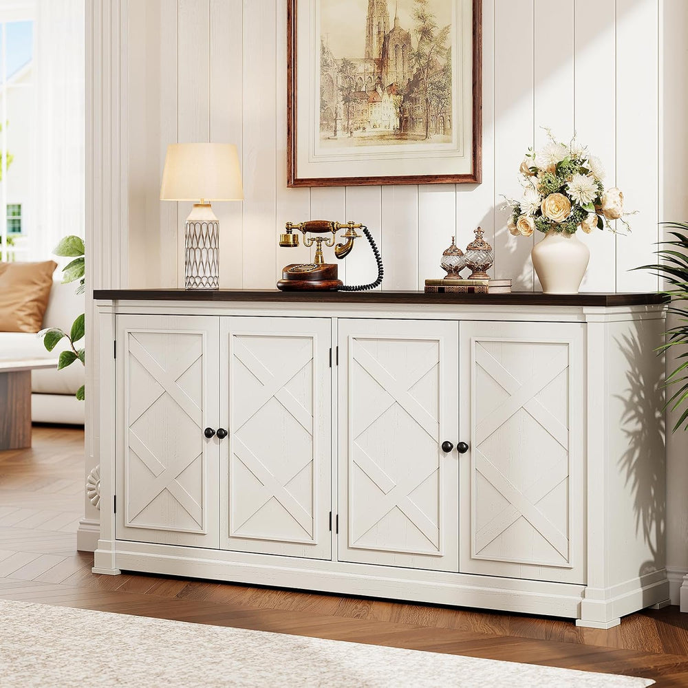ONBRILL 63 Inch Buffet Cabinet with Storage, 4 Barn Doors, Off White
