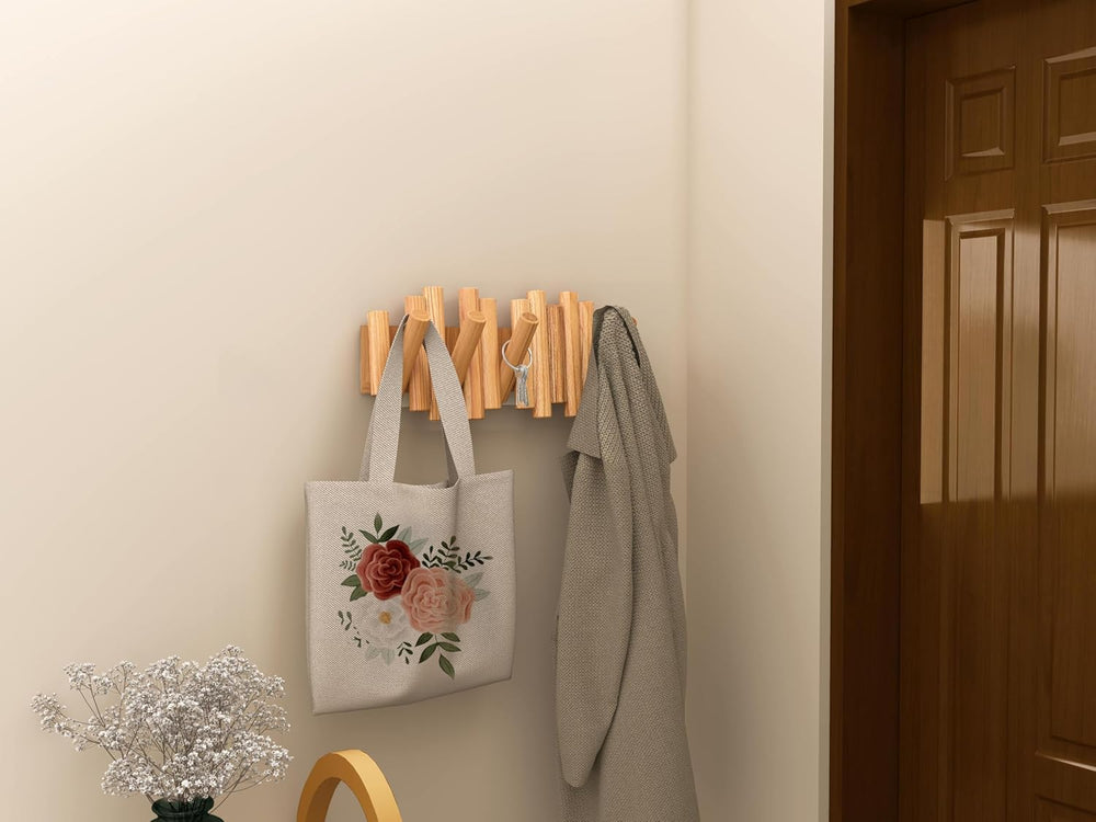 Folding Wall Coat Rack, 5 Flip-Down Wood Hooks for Entryway, Natural