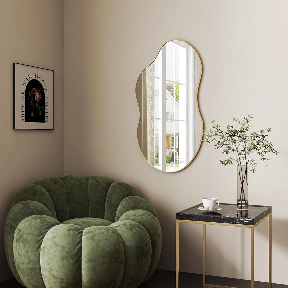 SHYFOY Large Irregular Wall Mirror,43" Decorative Wavy Antique-Gold Mirror
