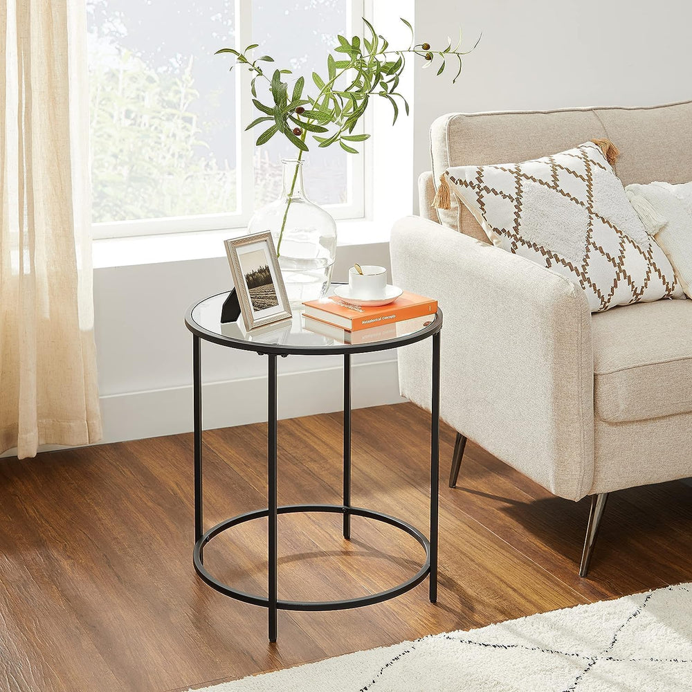 VASAGLE Round Side Tables, Set of 2, Glass End Tables with Metal Frame