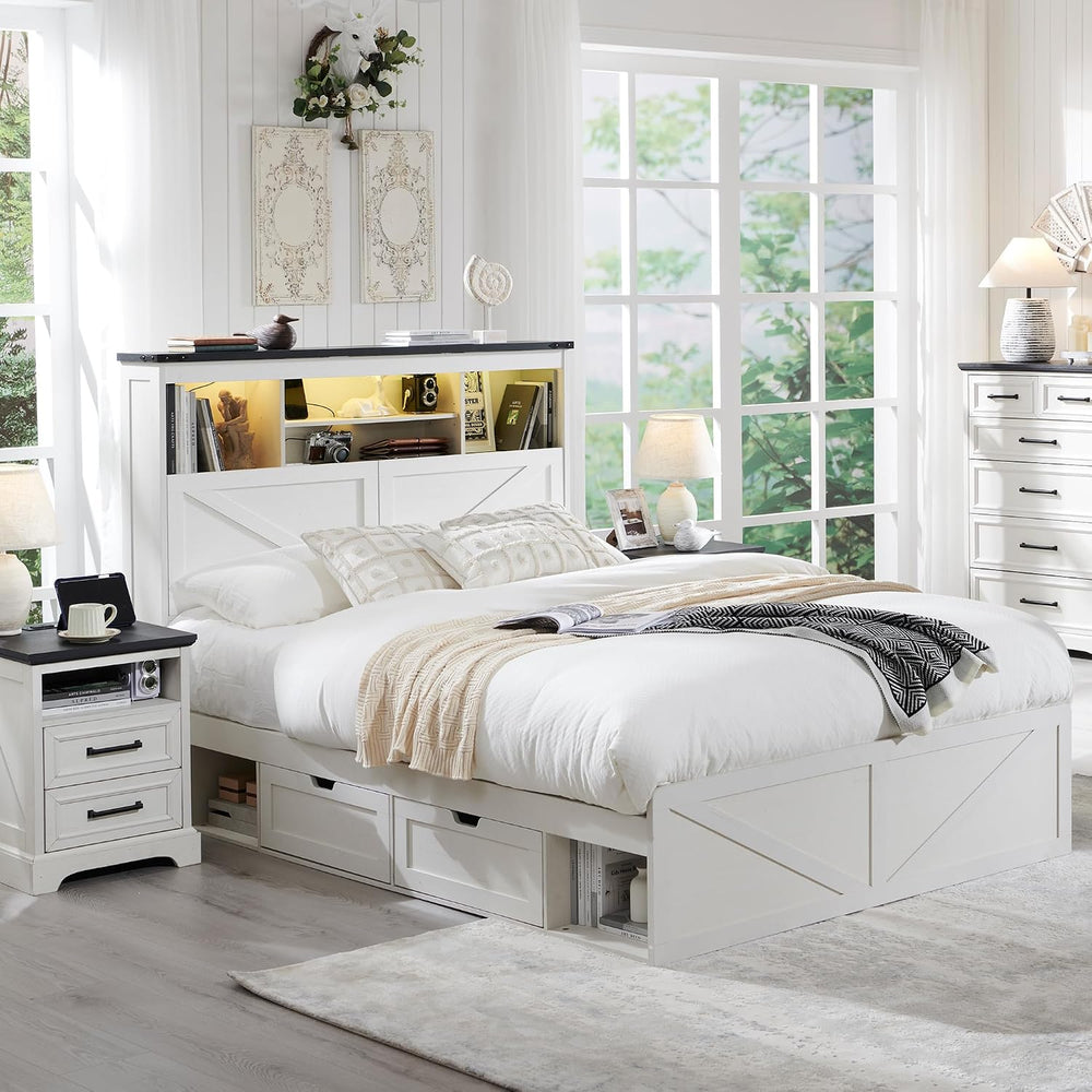 ACCOHOHO Farmhouse Full Size Bed Frame with 52" Tall Storage Headboard a...