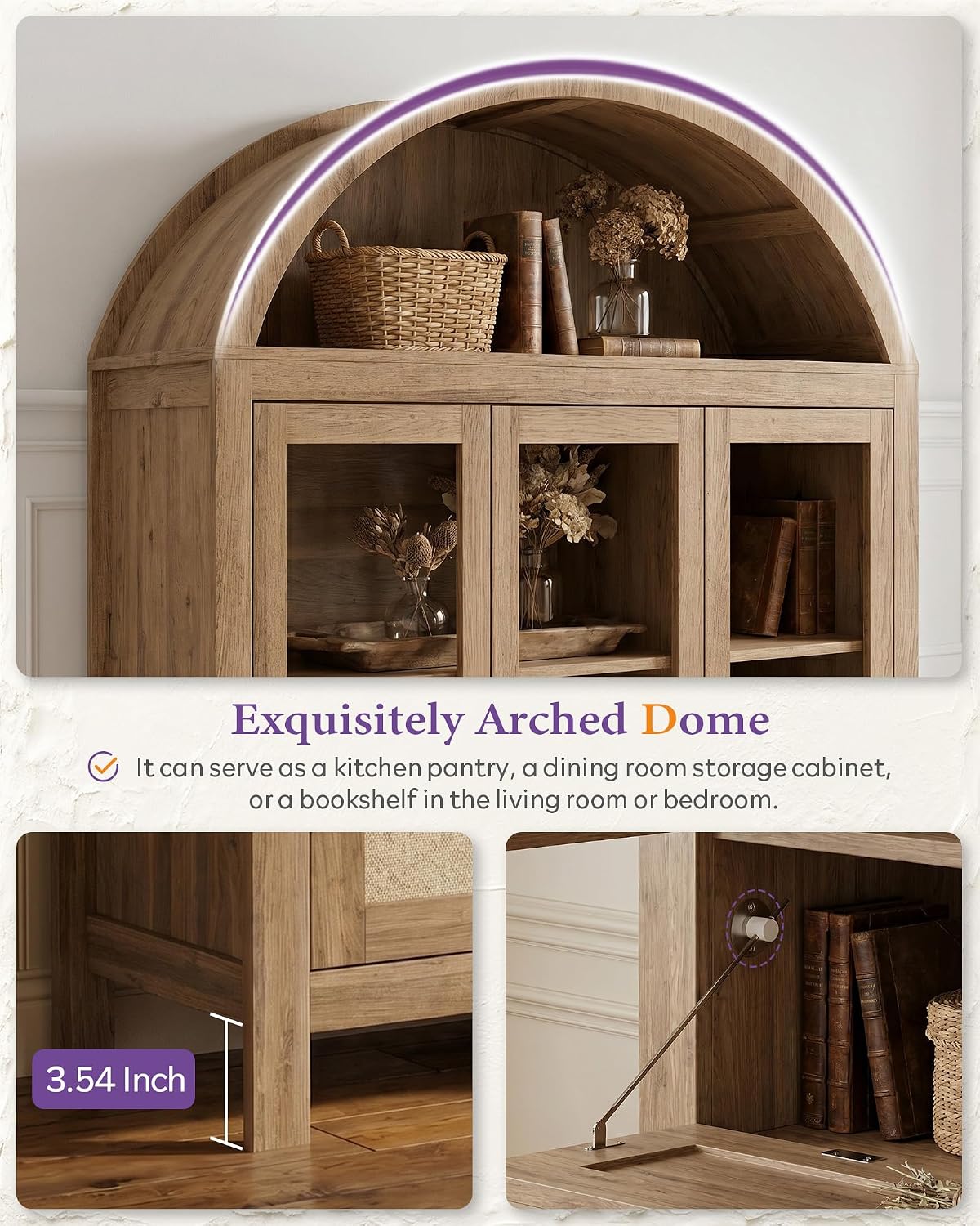 TYBOATLE 75'' Arched Cabinet Classic Farmhouse Design w/Three Glass Doors, Arch Cabinet w/Rattan Drawers and Anti-Tipping Device, Versatile Cupboard for Kitchen, Bathroom, Natural