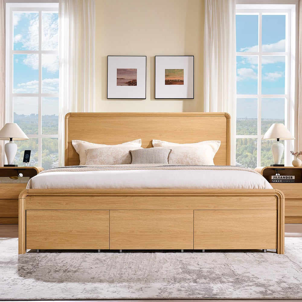 Aitjunz Modern King Size Bed Frame with 50" Tall Headboard, Natural Oak