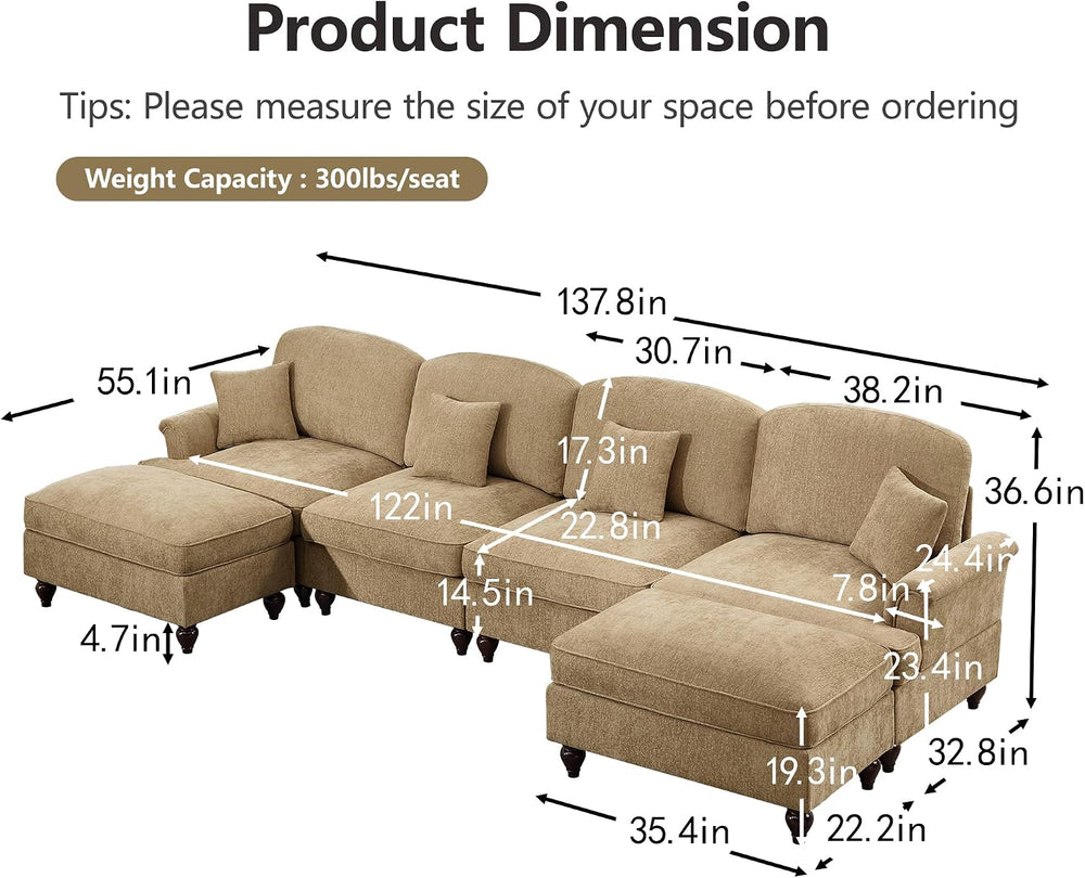 Aoowow 138” Modular Sectional Sofa, Mid Century Chenille 4-Seat Couches with ...