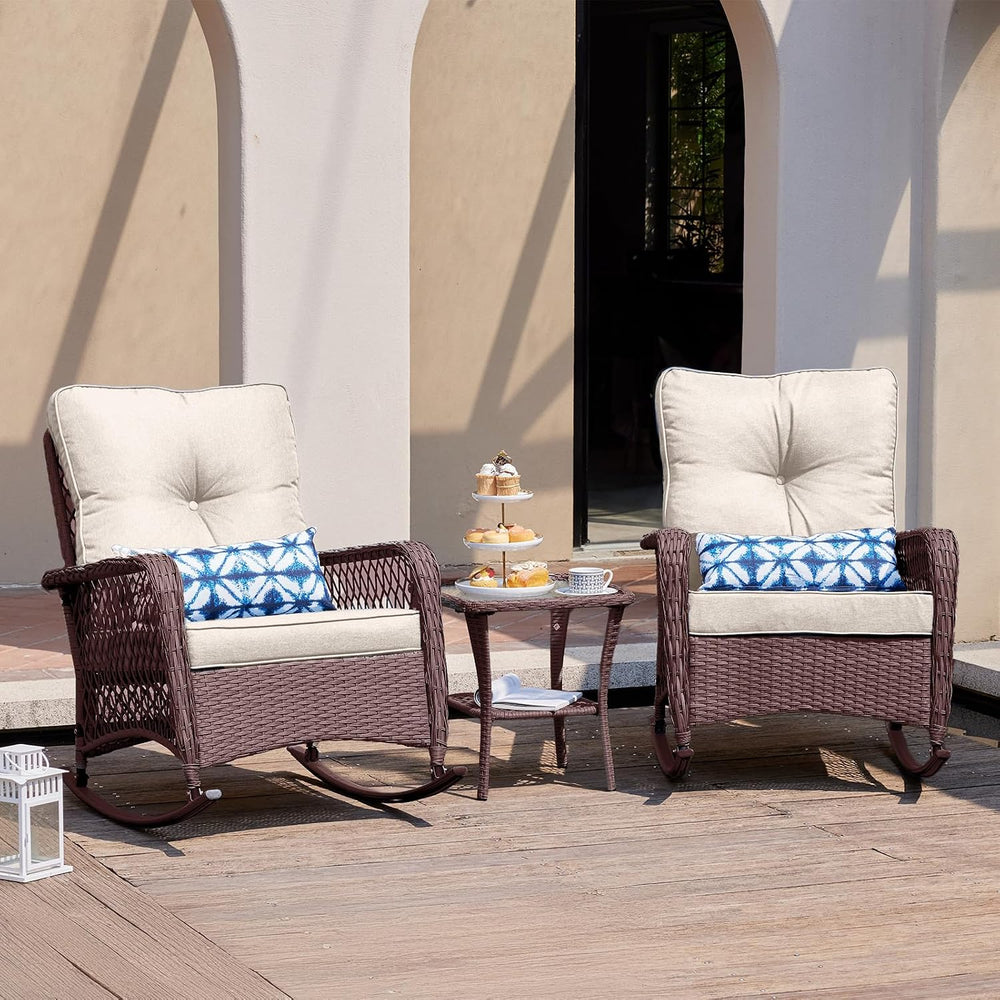 UDPATIO Rocking Chair Outdoor Set 2 w/Coffee Table, 3 Pc Wicker Bistro Set