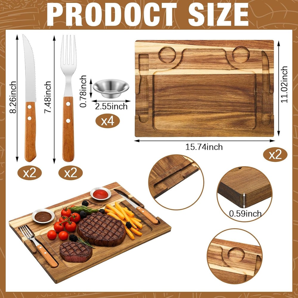 2 Set Acacia Wooden Steak Cutting Board with Fork, Knife and Sauce Cups