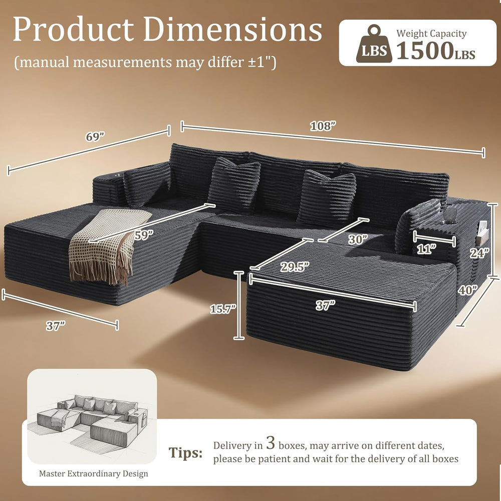 108" Oversized Cloud Sectional Couch, Comfort U Shaped Boneless Couch fo...