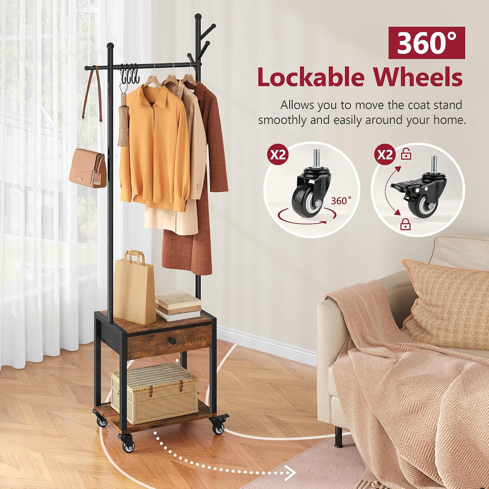 Tajsoon Coat Rack Freestanding with Lockable Wheel, Coat Stand with Drawer