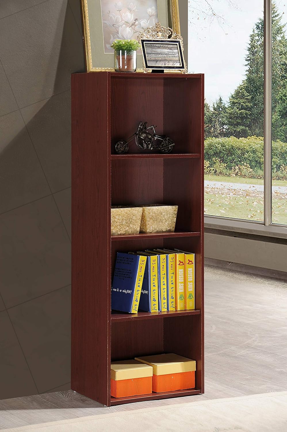 hodedah 4-shelf bookcase in mahogany showing dimensions