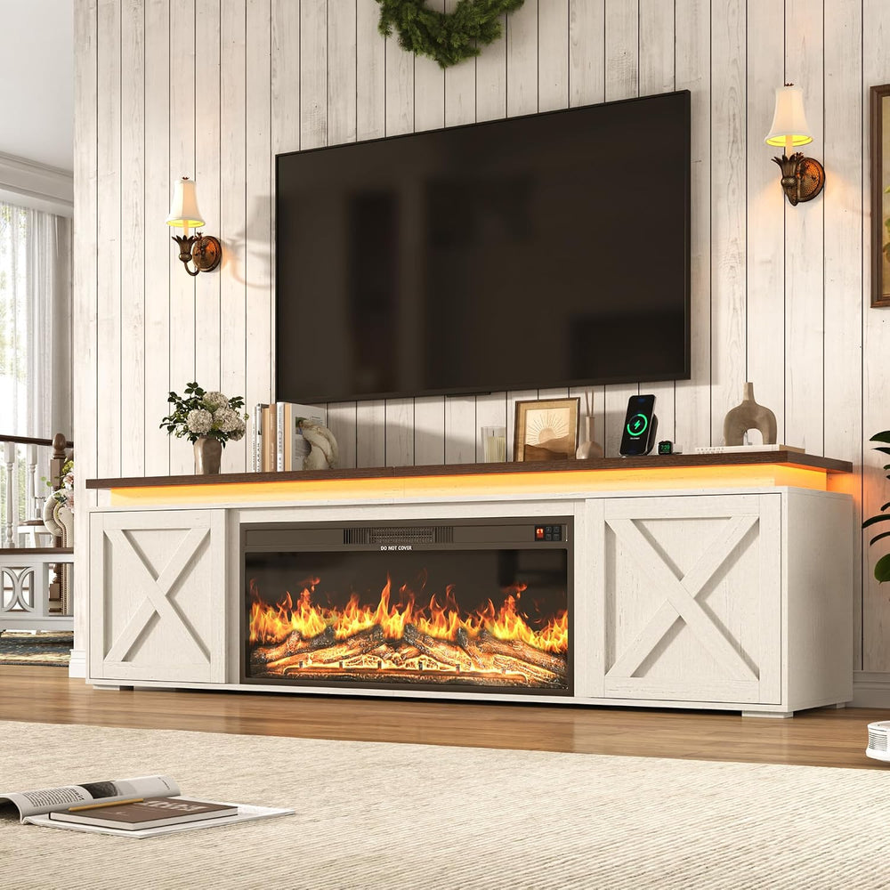 83" Farmhouse TV Stand w/40 Electric Fireplace for TVs Up to 95 Inch,White