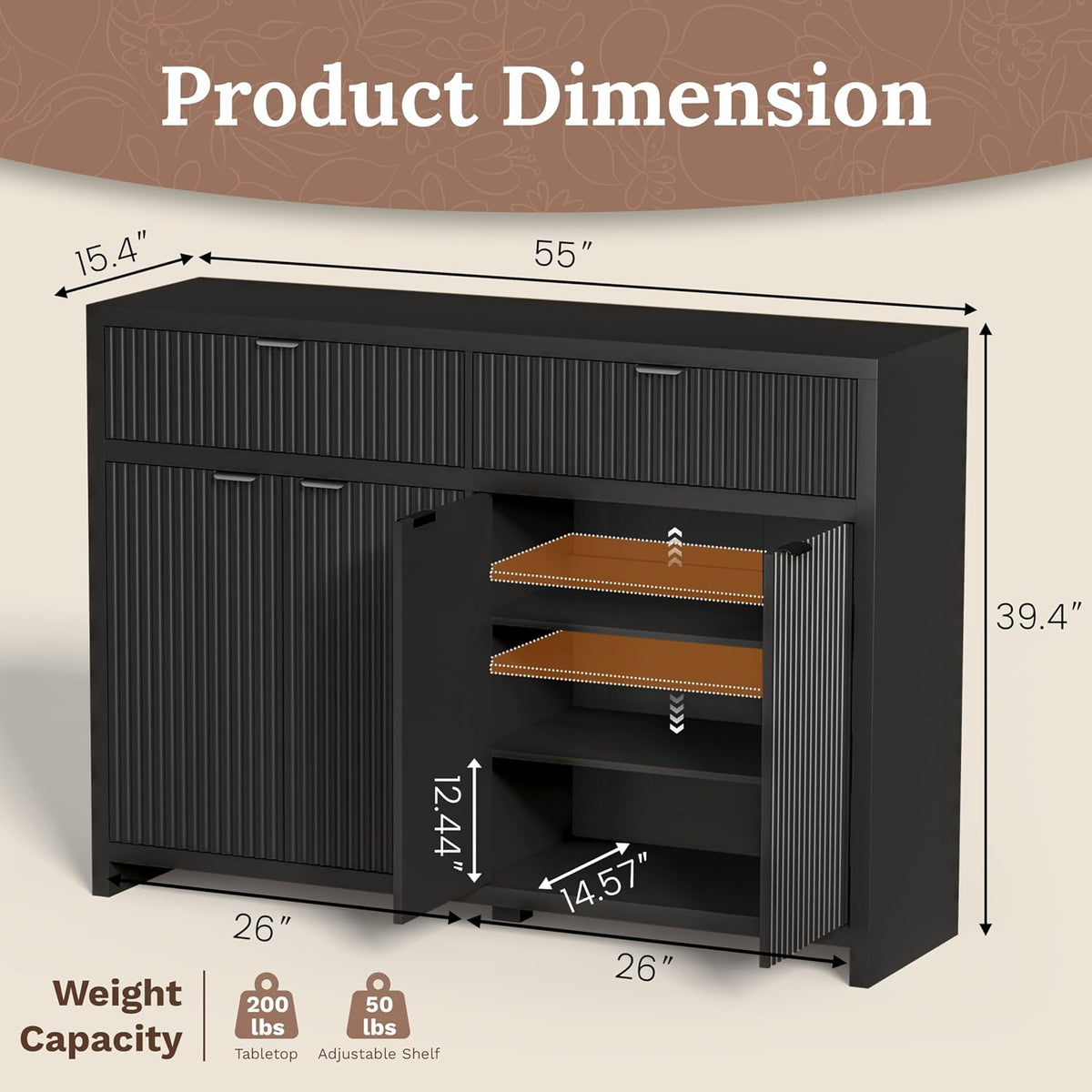 55 Inch Modern Fluted Sideboard Buffet Cabinet with Storage, Black
