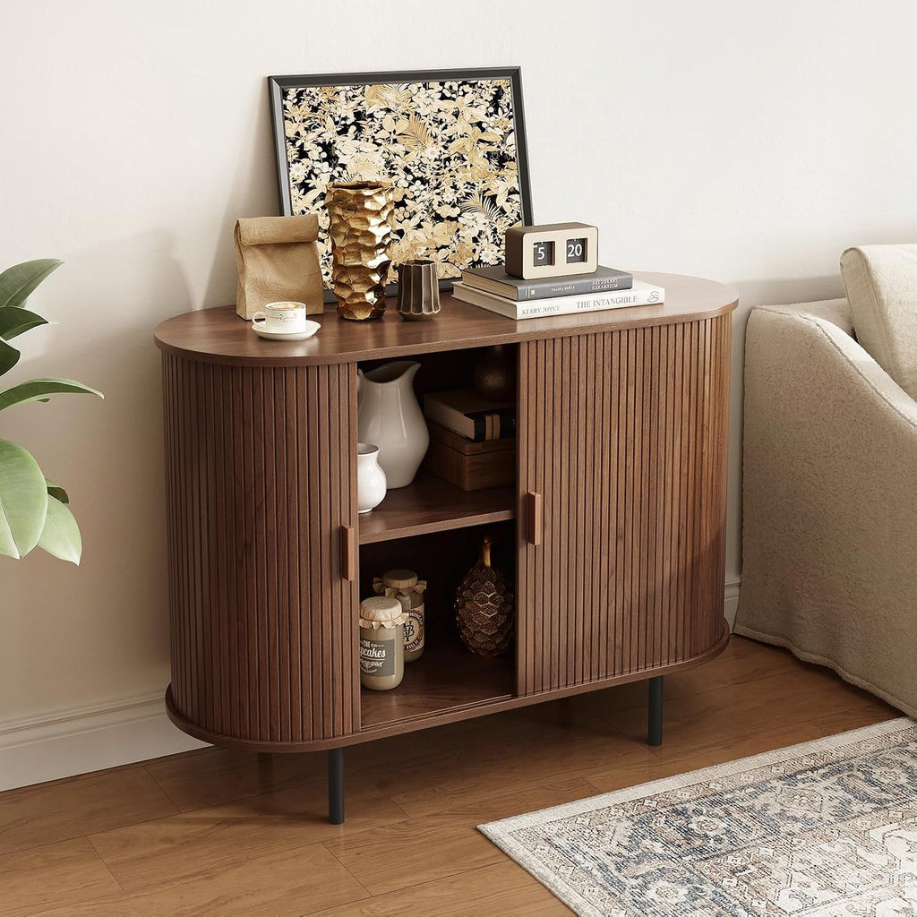 ONBRILL 40" Sideboard Buffet Cabinet, Sliding Door/Adjustable Shelf, Walnut