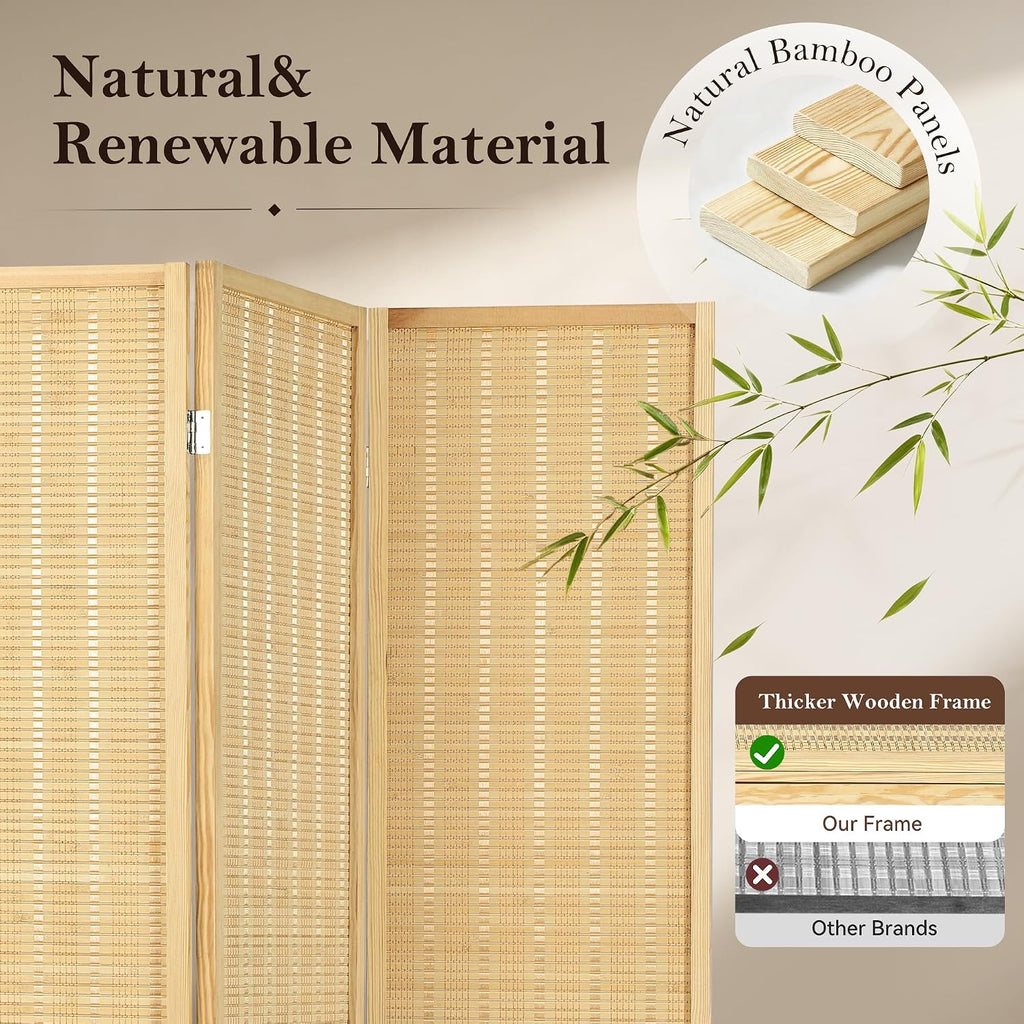 4 Panel Bamboo Room Divider, Folding Privacy Screen, Natural