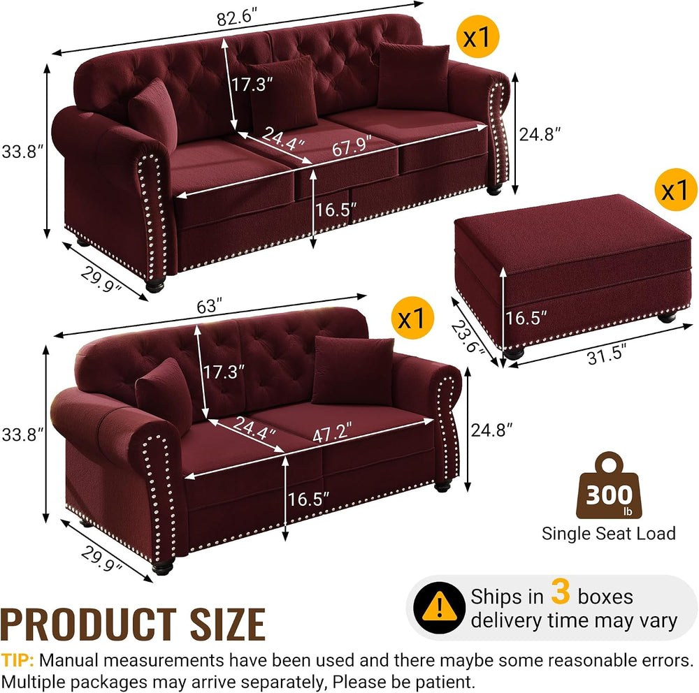 KEIKI 2-Piece Chesterfield Sofa Set with 1 Velvet 3-Seater Sofa & 1 Loves...