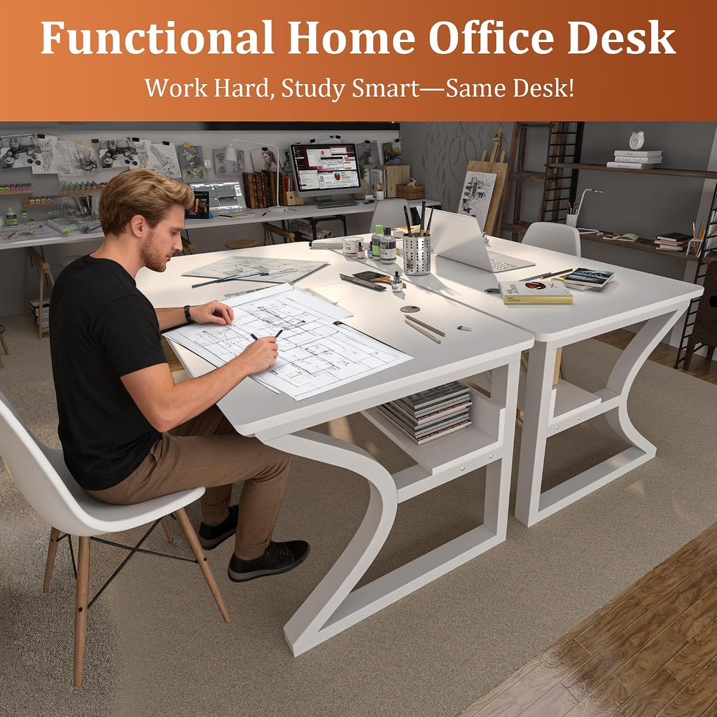 55 inch Computer Desk, Home Office Desk with Storage Shelf, Sturdy U-Shaped Metal Frame Study Table with Cable Management, Gaming Desk for Office & Bedroom (White, 55inch)
