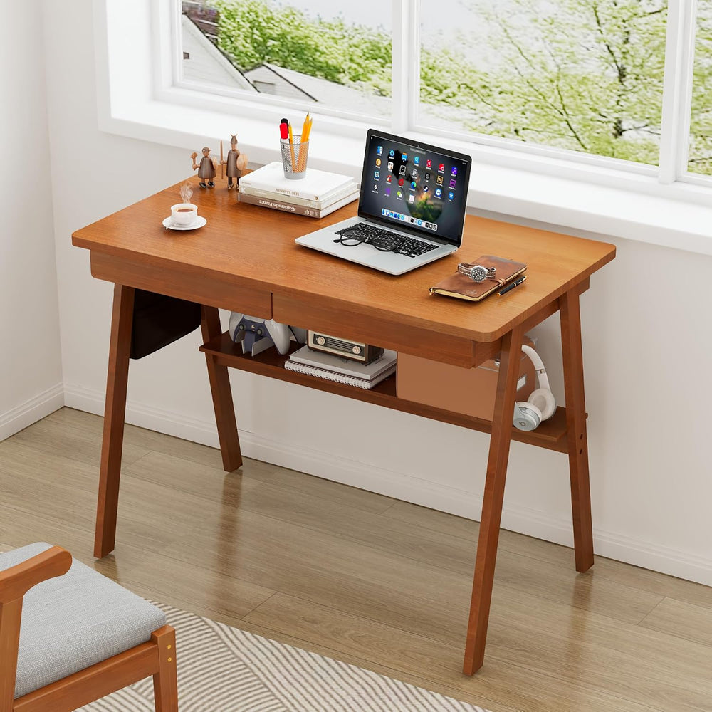 Solid Wood Desk with Drawers - 39.4 Inch Mid Century Modern Desks with Storag...