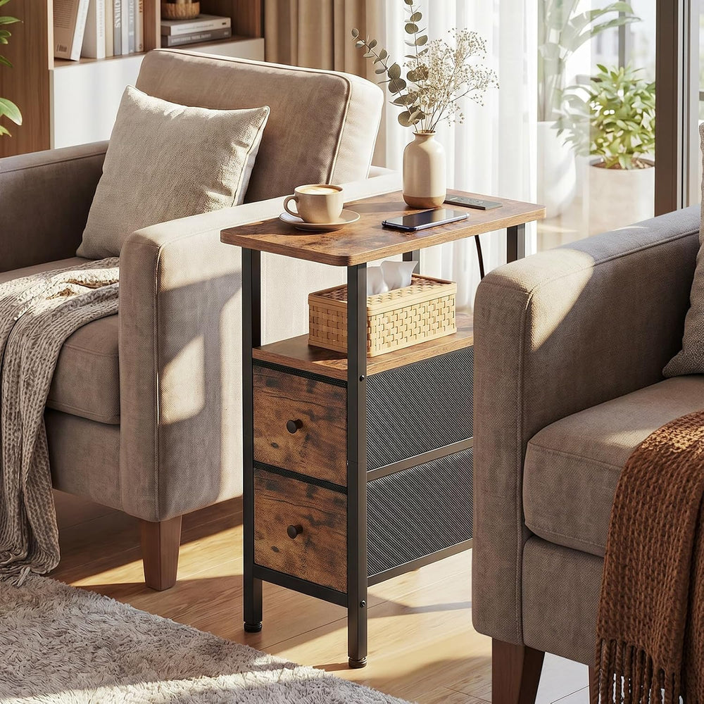 LOAKEKEL Narrow End Table with Charging Station, Small Nightstand