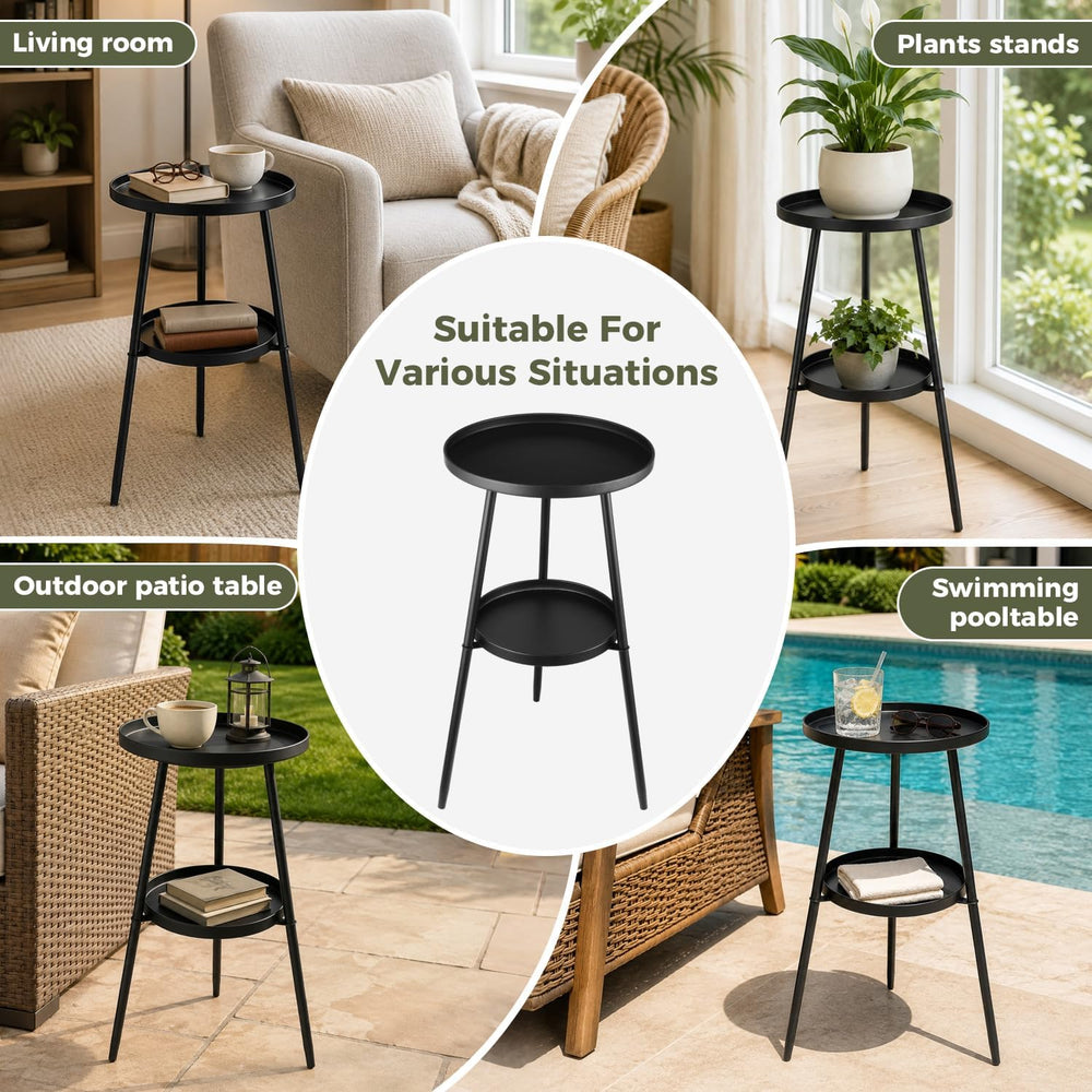 2-Tier Metal Outdoor Side Tables Set of Two 12.6" Round Black End Tables...