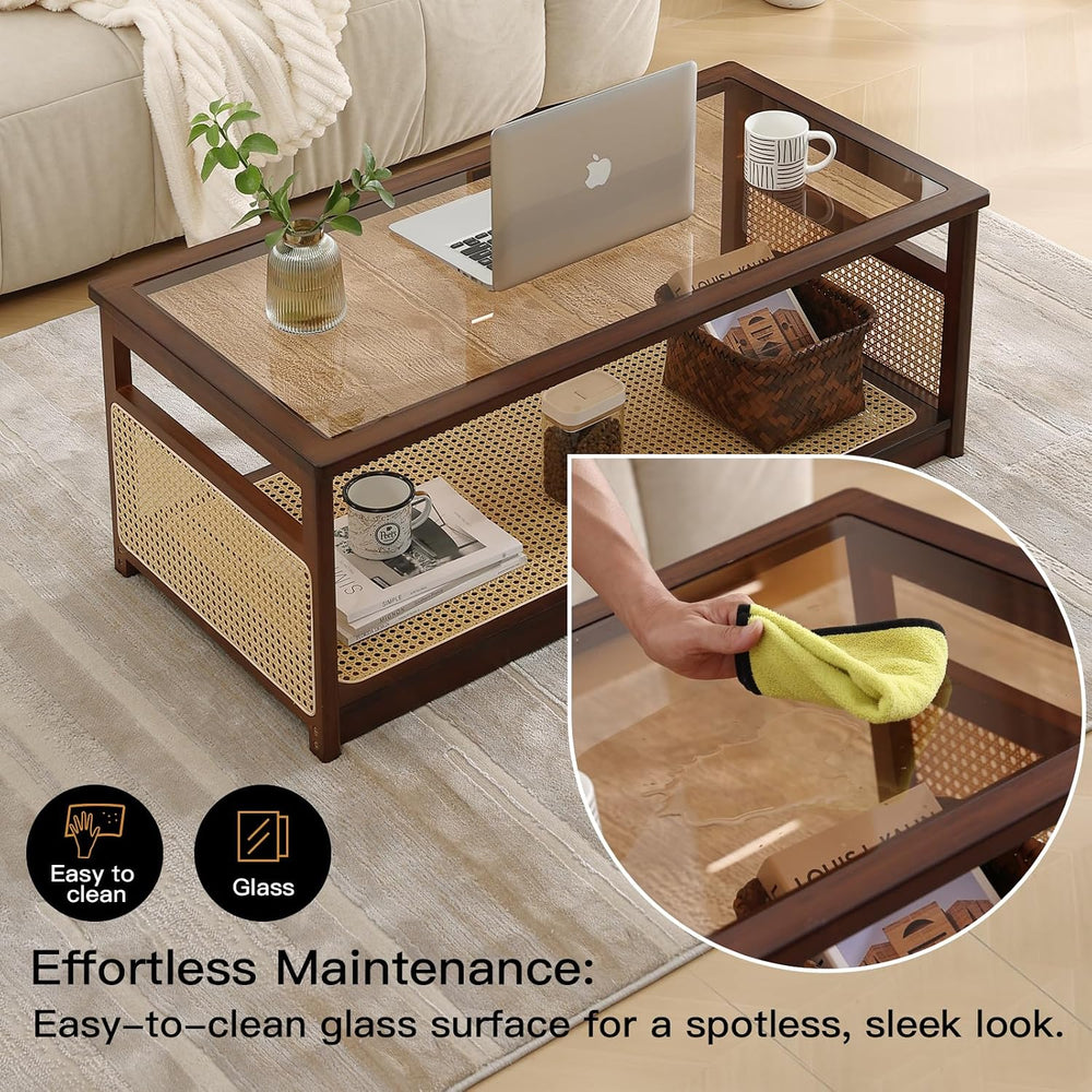 Welnow Rattan Coffee Table, 2-Tier Rectangle Center Table, 47.5"， Walnut